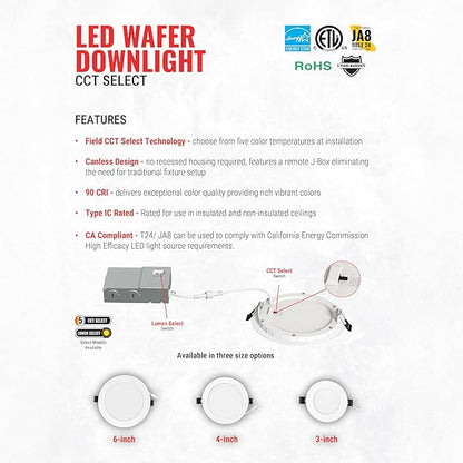Elevate 6" 18W Slim Canless LED Downlight — Ultra-Thin Recessed Ceiling Fixture, 5CCT Selectable, IC Rated, Dimmable, Wet-Rated — Perfect for Family Rooms, Basements, Open Areas