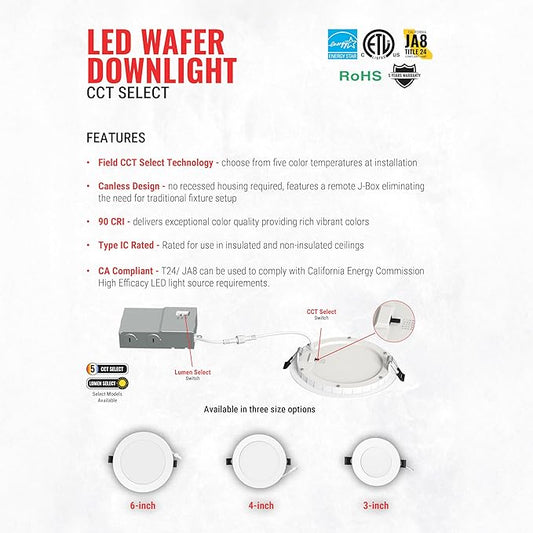 Elevate 6" 18W Slim Canless LED Downlight — Ultra-Thin Recessed Ceiling Fixture, 5CCT Selectable, IC Rated, Dimmable, Wet-Rated — Perfect for Family Rooms, Basements, Open Areas