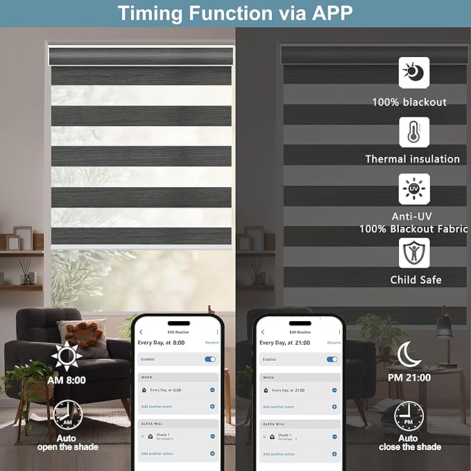 Bringnox Smart Motorized Zebra Roller Blinds - 85% Blackout, Remote Control, Works with HomeKit, Google Home & Alexa via Hub, Custom Size