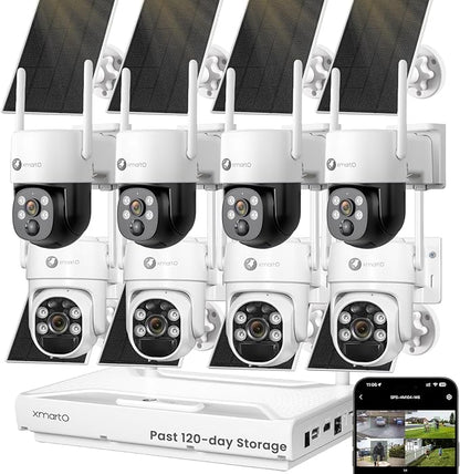 XMARTO QHD Wire-Free Solar Security Camera System Outdoor/Indoor Wireless, Pan Tilt Zoom, 4K Long Range WiFi 6 Surveillance DVR Kit, Long-Lasting Solar Battery Home CCTV 8-CAM Set w. 120-day Storage