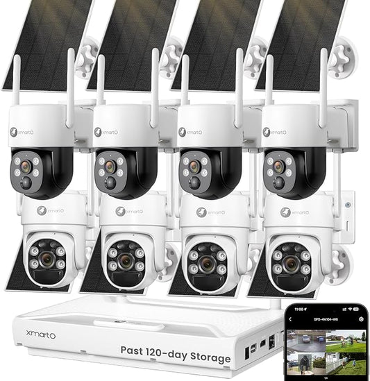 XMARTO QHD Wire-Free Solar Security Camera System Outdoor/Indoor Wireless, Pan Tilt Zoom, 4K Long Range WiFi 6 Surveillance DVR Kit, Long-Lasting Solar Battery Home CCTV 8-CAM Set w. 120-day Storage