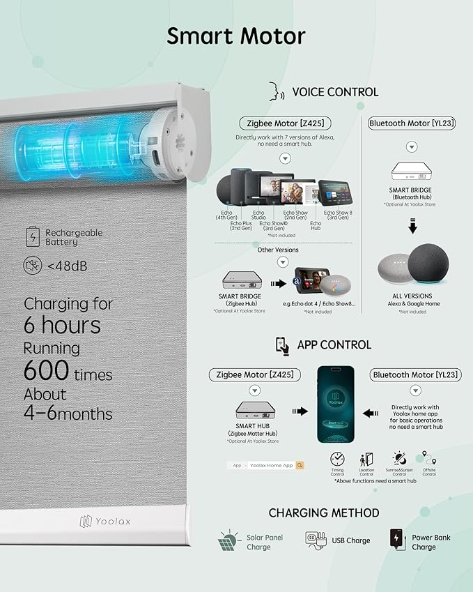 Yoolax Motorized Blinds with Remote, Room Darkening Smart Roller Shades Work with Alexa, Google, Apple Homekit, Custom Automatic Shades with Voice Control for Living Room (Shinny Gray)