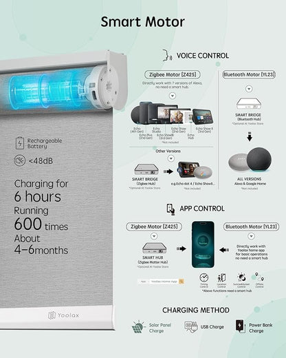 Yoolax Motorized Blinds with Remote, Room Darkening Smart Roller Shades Work with Alexa, Google, Apple Homekit, Custom Automatic Shades with Voice Control for Living Room (Shinny Gray)