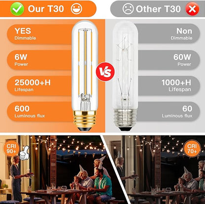 ToBeGreat T30 LED Light Bulbs 6 Watt Equivalent 60W E26 Tubular Bulbs T10 Edison LED Filament Bulb Warm White 2700K,Desk Lamp,Bedbroom Cafe Restaurant Party,Dimmable (Warm White 2700K, 5 in (6pack))