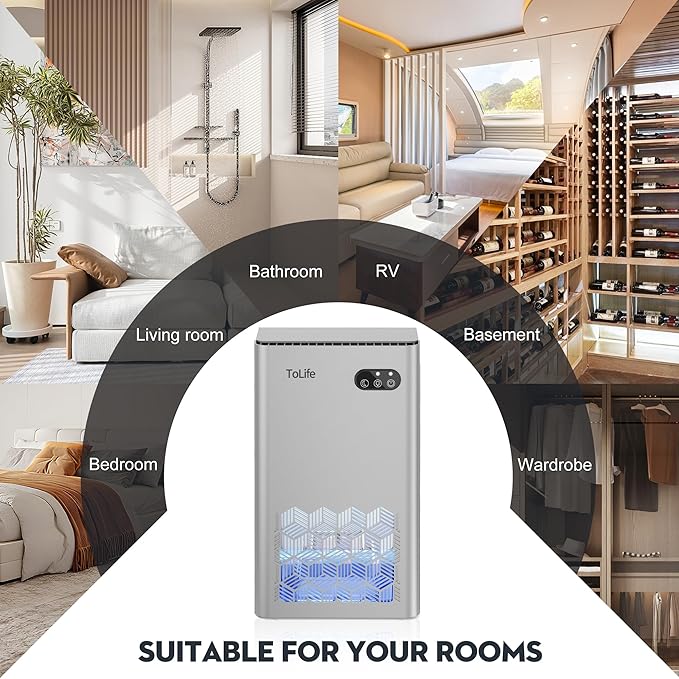 ToLife Dehumidifier for Home, 1000 sq.ft Dehumidifiers for Basement Bathroom Bedroom with 95 OZ Water Tank, Auto Shut Off 7 Colors LED Light, Silver