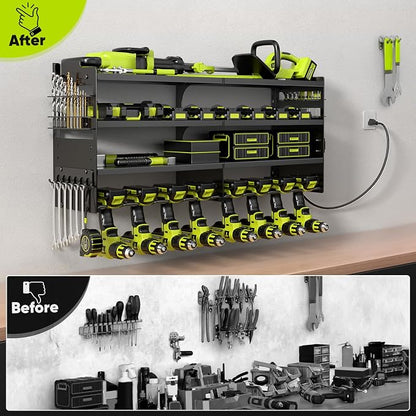 POKIPO Large Power Tool Organizer Wall Mount with Charging Station,4 Layer Heavy Duty Metal Tool Storage Rack Loads 600lbs with 8 Cordless Drill Holder,Battery Utility Rack Loads with 4 Power Strip