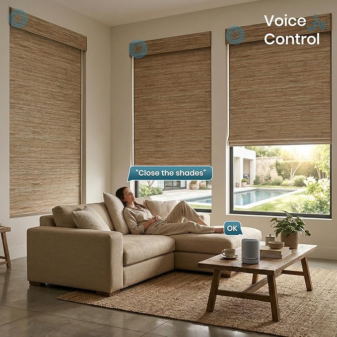 Motorized Roman Woven Woods Shades Work with HomeKit/Alexa/Google Home, Cordless Motorized Roman Shades,Electric Roman Blinds Custom Size,Crocheting Brown