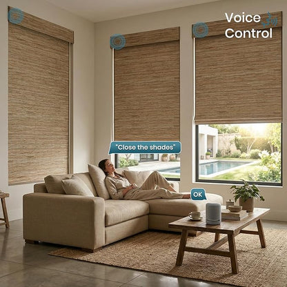 Motorized Roman Woven Woods Shades Work with HomeKit/Alexa/Google Home, Cordless Motorized Roman Shades,Electric Roman Blinds Custom Size,Crocheting Brown