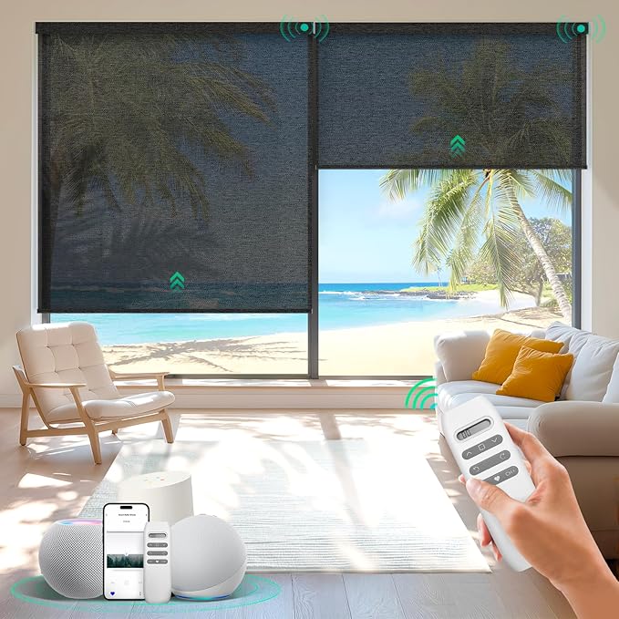 HeyBlinds Motorized Blinds with Remote, Smart Roller Shades with App & Voice Control, Work with Alexa Google HomeKit, Light Filtering Custom Window Shades for Living Room Office (Sunbeam-Tan LF)