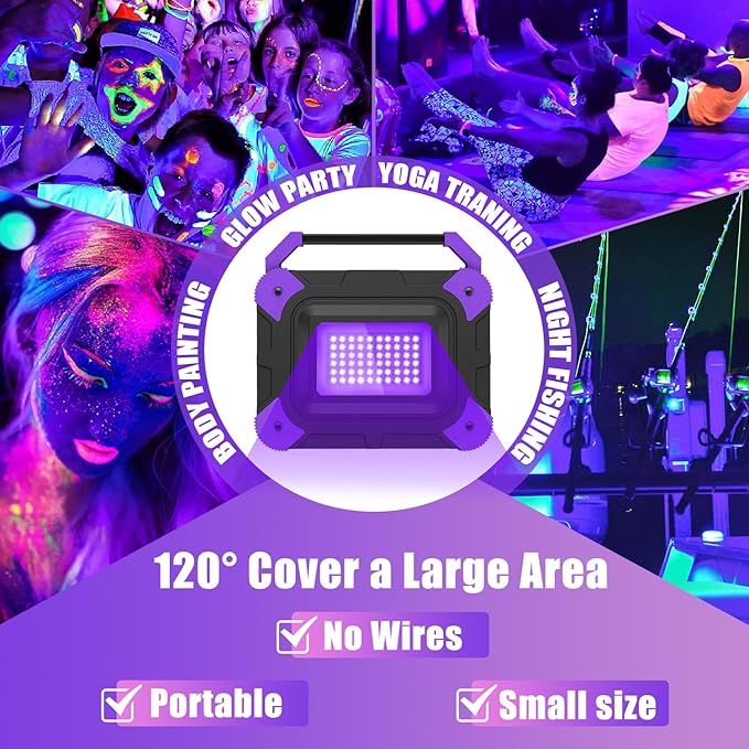 T-SUN Rechargeable Black Lights, Battery Powered Blacklights for Glow Party Fishing Cordless Black Light Ultraviolet Flood Light Outdoor Waterproof, Body Painting, Fluorescent Poster 1Pack