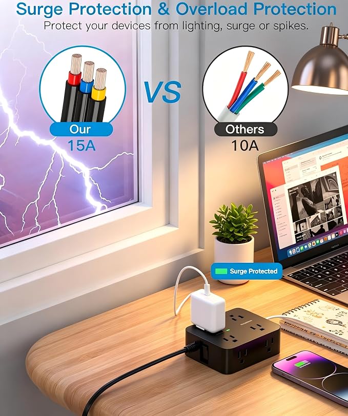 Power Strip Surge Protector, Extension Cord with 8 Widely Spaced AC Outlets