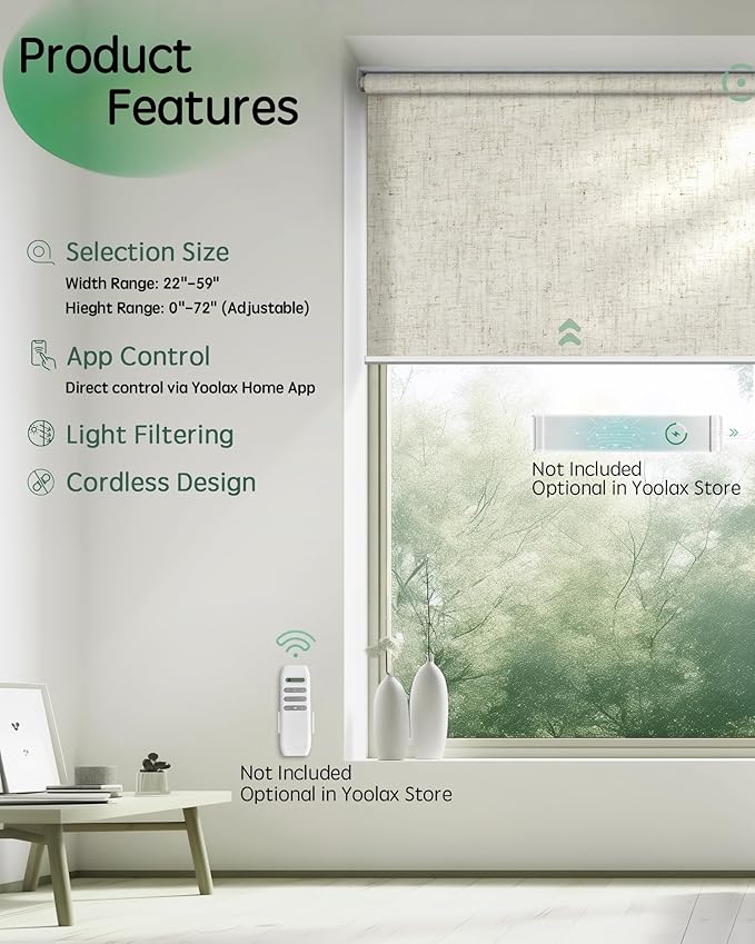 Yoolax Motorized Shades App Control, Light Filtering Automatic Blinds for Indoor Windows, Electric Roller Shades for Bedroom Living Room Office (Soft Linen Beige, 48" W x 72" H)