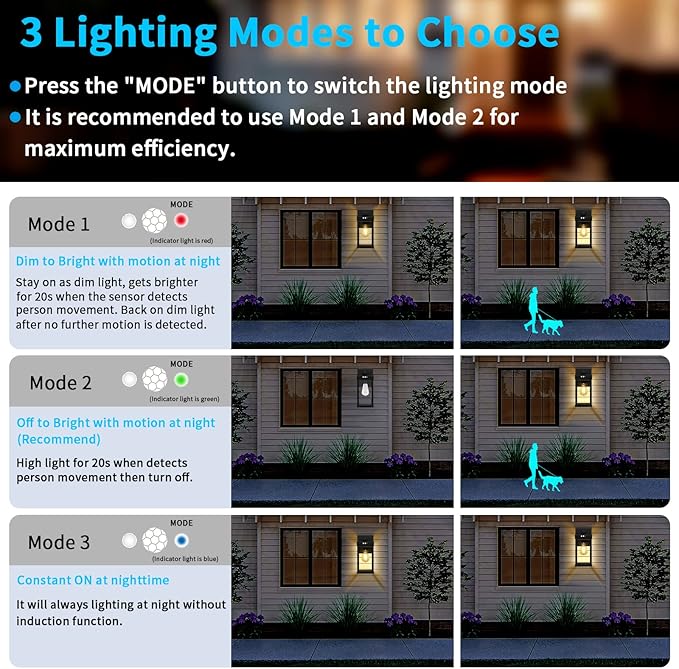 Solar Wall Lights Outdoor with 3 Lighting Modes & Motion Sensor, Solar Porch Light with 2 Bulbs, Waterproof Outdoor Wall Sconce Lantern Light Fixture for Garage Porch Shed Barn Garden Yard Front Door