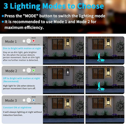 Solar Wall Lights Outdoor with 3 Lighting Modes & Motion Sensor, Solar Porch Light with 2 Bulbs, Waterproof Outdoor Wall Sconce Lantern Light Fixture for Garage Porch Shed Barn Garden Yard Front Door