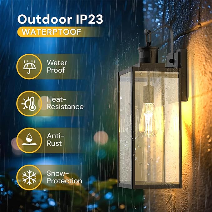 L LOHAS LED Large Size Motion Sensor Outdoor Wall Lights, 20 Inch Black Waterproof Anti-Rust Outdoor Light Fixtures Wall Mount with Clear Glass Shade for Porch, Garage, ETL Listed, 2 Pack