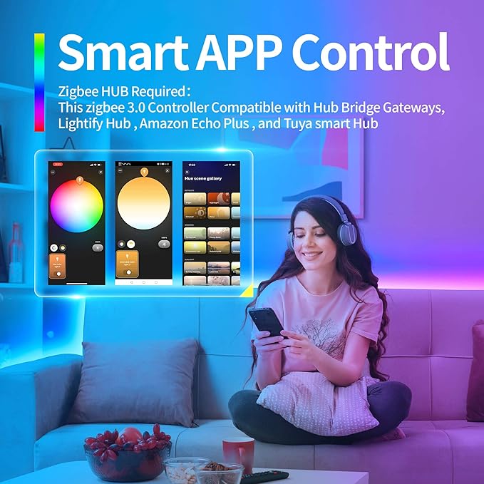 GIDEALED Smart ZigBee 3.0 LED Controller 5 in 1,Require ZigBee Hub Bridge for RGBWW RGBW RGB CCT COB LED Strip Light Dimmable 1%~100%,Support Hub APP/Alexa Echo Plus Voice Control Color Changing