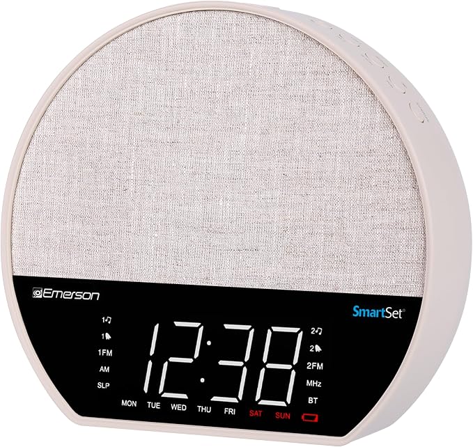 Emerson CKSS7071 Sunrise Smartset Alarm Clock Radio with 1.2" LED Display, White Noise, 6 Soothing Sounds, 8-Color Dimmable LED, Bluetooth Speaker, White