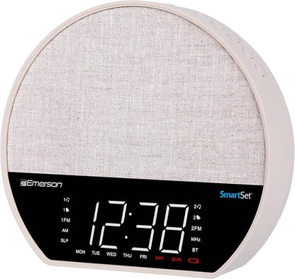 Emerson CKSS7071 Sunrise Smartset Alarm Clock Radio with 1.2" LED Display, White Noise, 6 Soothing Sounds, 8-Color Dimmable LED, Bluetooth Speaker, White