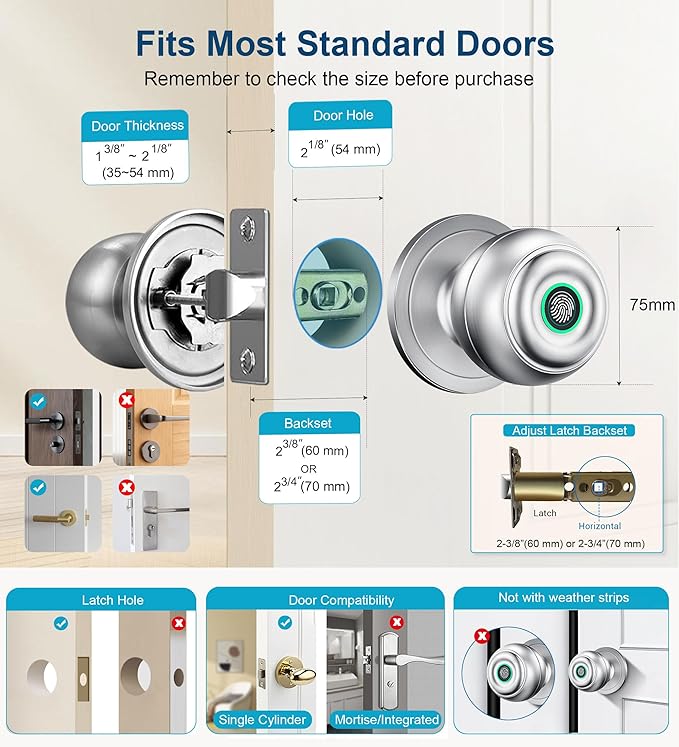 KLLOQUE Fingerprint Door Lock, Smart Fingerprint Door Knob with Lock, Biometric Door Locks with App Control & Key, Keyless Thumbprint Entry Door Locks for Bedroom, Front Door, Home, Apartment-Silver