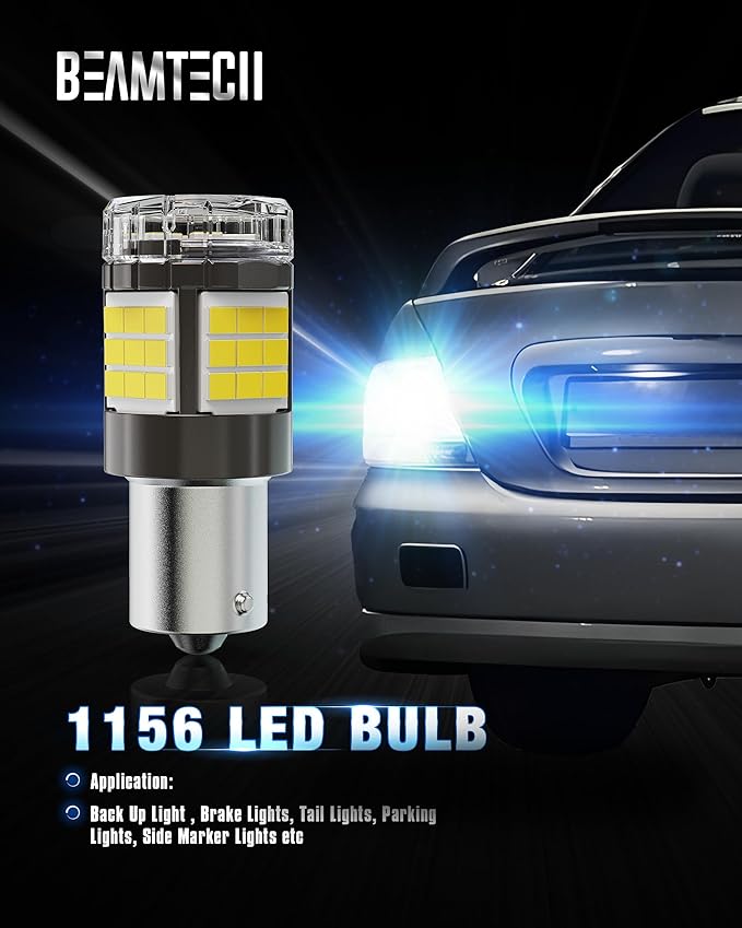 BEAMTECH Upgraded 1156 LED Bulbs for Turn Signal Lights, Build-in CANBUS, 6500K White Super Brighte, 1141 1003 7506 BA15S Reverse Back Up Lights, Tail Brake Parking Lights, Pack of 2