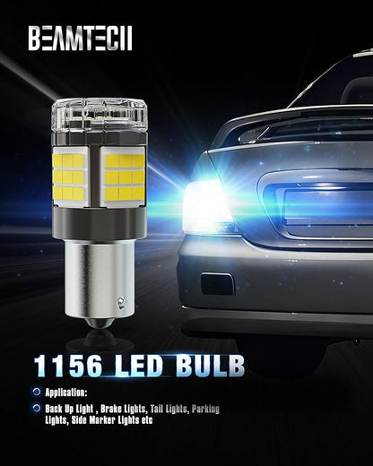 BEAMTECH Upgraded 1156 LED Bulbs for Turn Signal Lights, Build-in CANBUS, 6500K White Super Brighte, 1141 1003 7506 BA15S Reverse Back Up Lights, Tail Brake Parking Lights, Pack of 2