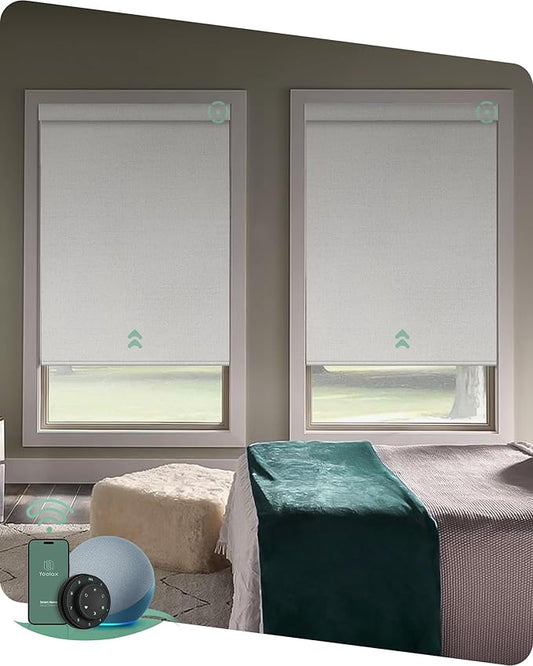 Yoolax Motorized Blinds with Remote, 100% Blackout Smart Blinds Work with Alexa, Google, Apple Homekit, Motorized Shades for Bedroom, Custom Electric Shades Voice Control (Fabric Grayish White)