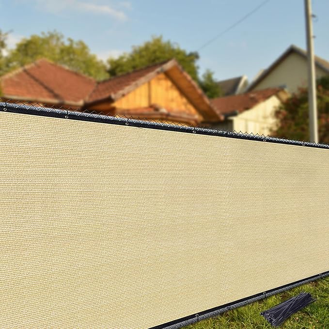 i COVER 5x25ft Privacy Screen Fence, Outdoor Fencing Panels, Garden Windscreen Mesh Shade Sail Net Barrier, Fence Privacy Screen Reinforced Bindings and Brass Grommets Cable Zip Ties, Sand
