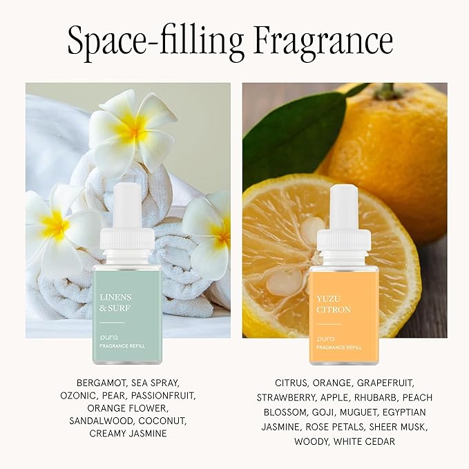 Pura Smart Home Fragrance Device Starter Set - Pura 4 - Scent Diffuser for Home - Includes Fragrance Aroma Diffuser - Square Box, Linens & Surf and Yuzu Citron Scent Refills