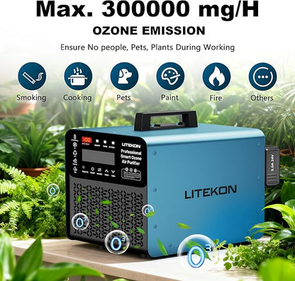 Original Ozone Generator Cordless with 2 x 5000mAh Battery&Quick Charger, 300,000mg/h Commercial Odor Remover Digital Ozonator Machine With Remote Control, Auto Timming for Large Space