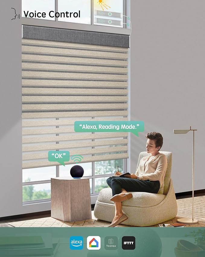 Yoolax Smart Dual Roller Shades, Motorized Blinds with Remote Smart Zebra Shades Compatible with Alexa, Blackout & Light Filtering Automatic Blinds for Windows (Zebra Customize)