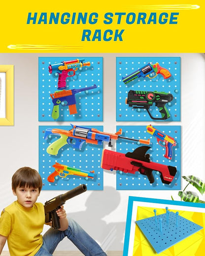 Wooden Peg Board for Nerf Gun Storage Organizer 13 x 13 x 0.31 In - Blue | 4 MDF Panels, 20 Wooden Pegs, Compatible with All Blasters Nerf Gun Rack Organizer for Wall Organization