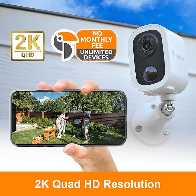 TOUCAN S4 Wireless Security Camera + Solar Panel Charger Bundle 2K Quad HD Battery Powered Outdoor Camera, Motion Detection Alerts, Two-Way Audio, Night Vision, No Subscription Required