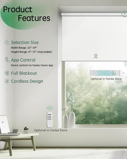 Yoolax Motorized Shades App Control, Blackout Automatic Blinds for Indoor Windows, Electric Roller Shades for Bedroom Living Room Office (Blackout Alpine White, 27" W x 75" H)
