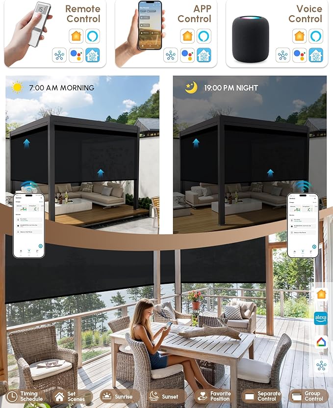 Kincmo Motorized Outdoor Shades for Patio Porch, Custom Outdoor Motorized Blinds with Remote, Waterproof & Windproof Patio Shades Work with Apple Homekit,Alexa,Google (1% Openness Black)