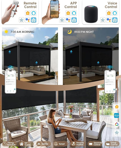 Kincmo Motorized Outdoor Shades for Patio Porch, Custom Outdoor Motorized Blinds with Remote, Waterproof & Windproof Patio Shades Work with Apple Homekit,Alexa,Google (1% Openness Black)