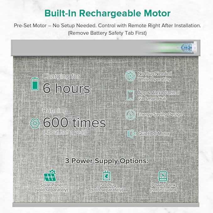 Motorized Roller Shades, Light Filtering Remote Control Custom Window Shades Compatible with Alexa Google Assistant via RF Hub, Rechargeable Electric Blinds for Windows (Dark Grey)