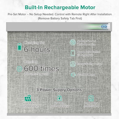 Motorized Roller Shades, Light Filtering Remote Control Custom Window Shades Compatible with Alexa Google Assistant via RF Hub, Rechargeable Electric Blinds for Windows (Dark Grey)