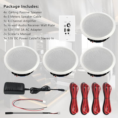 6.5'' Bluetooth in Ceiling Speakers with Wall Amplifier Receiver 600W Flush Mount Ceiling & in-Wall Speaker System for Home Theater Office Bathroom Living Room Kitchen(2Pairs)