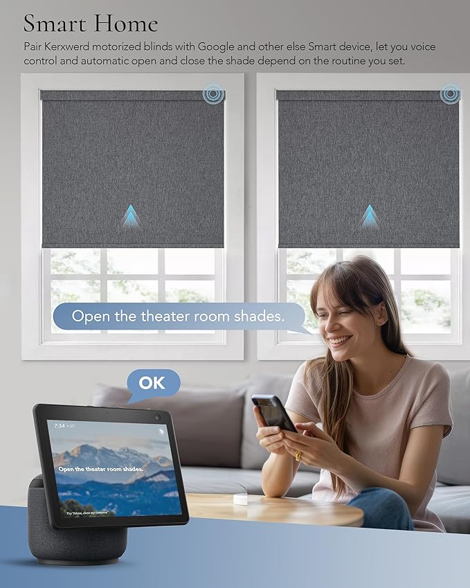 Motorized Blinds Compatible with Alexa Google Custom to 108" Width 100% Blackout Smart Blind Automatic Large Window Roller Shades Remote Control Fabric Dark Grey