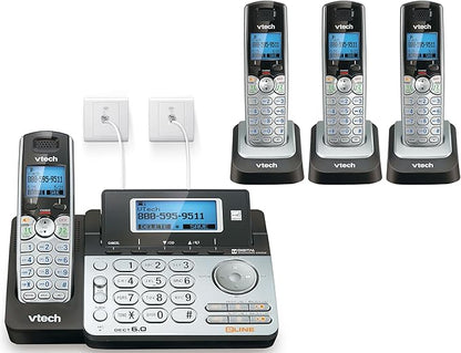 VTech 4-Handset 2-Line Cordless Phone for Small Business or Home with Answering System and Mailbox on Each Line, Caller ID/Call Waiting, Conference Call | DS6151 with 4 Handsets Bundle (Black/Silver)