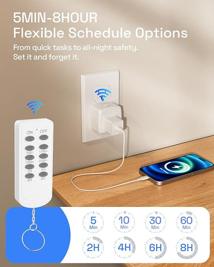 HBN Remote Control Outlet Indoor Remote Timer Outlet with 8 Timer Settings Plug‑in Power Switch RF Wireless Remote, Energy Saving Control for Lamps, Fans, Household Electronics