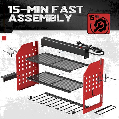 SPACECARE Power Tool Organizer with 6 Outlets, 3-Layer Heavy Duty Wall Mount Drill Storage Rack, Cordless Tool Charging Station with Utility Shelf, Garage Organization and Storage for Workshop- Red