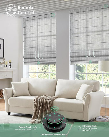 Yoolax Motorized Roman Shades with Remote, Smart Roman Shades for Indoor Windows, Light Filtering Automatic Blinds Work with Alexa, Google, Apple Homekit for Living Room, Customized (Strip Brown)