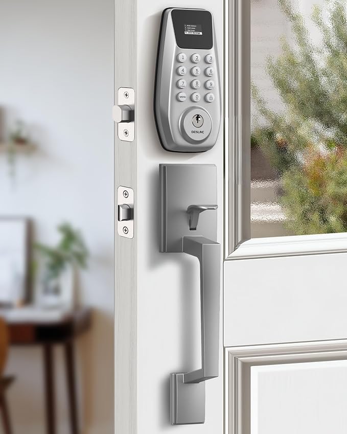 DESLOC C100 Keyless Entry Door Lock with Handle Set, Visual Display | Smart Deadbolt Lock with 100 PIN Codes, Passage Mode, 2 Keys, IP54 Weather Resistance, 12-Month Battery, Auto Lock, Silver