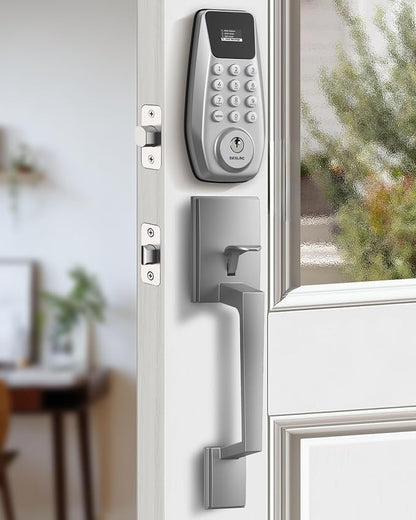 DESLOC C100 Keyless Entry Door Lock with Handle Set, Visual Display | Smart Deadbolt Lock with 100 PIN Codes, Passage Mode, 2 Keys, IP54 Weather Resistance, 12-Month Battery, Auto Lock, Silver