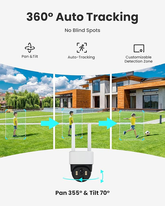 Aurumbach 5MP Solar Security Camera Wireless Outdoor, 3K UHD WiFi PTZ Camera with Color Night Vision, Motion Tracking, AI Human/Vehicle Detection, 2-Way Audio, Support 256GB SD, IP65 Waterproof