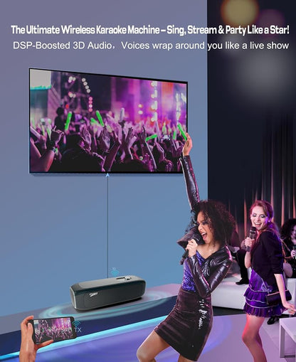 Karaoke Machine for TV with Dual Wireless Microphones, 6-Speaker Home Karaoke System, Screen Casting & HDMI 1080P Output,3D Surround Sound with DSP Audio, AI Hearing Protection for Kids & Family Party