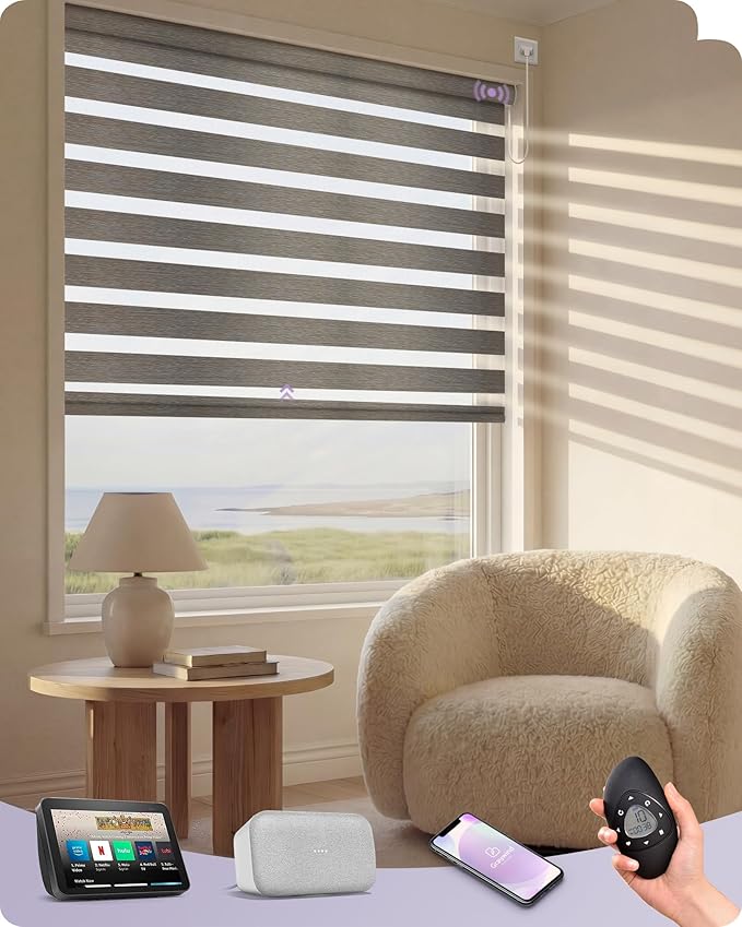 Graywind Motorized Zebra Blinds for Windows, Darkening Hardwired Smart Blinds with Remote Control, Dual Layer Custom Zebra Shades Work with Alexa, Google Home, Apple Homekit, Linen Sandy