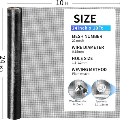 304 Stainless Steel Mesh, 24in x 10ft, 22 Mesh, Sturdy Metal Screen Roll for Window, Door, Air Vents, Filter, Cage, Garden, Patio, Pet (Black, 24inch x 10feet)