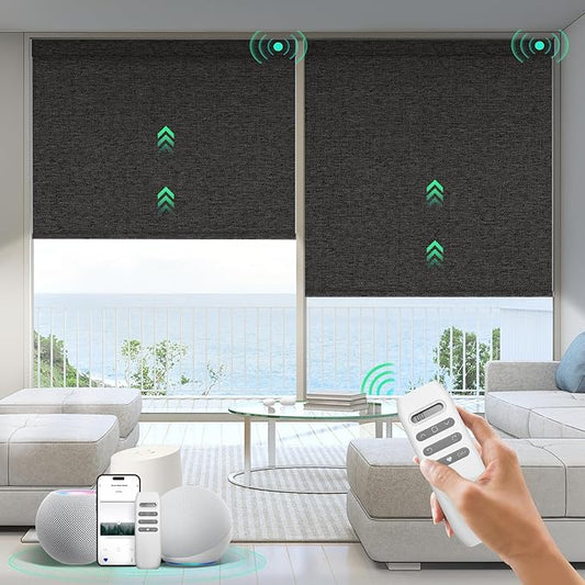 HeyBlinds Motorized Blinds with Remote, 100% Blackout Smart Blinds, Automatic Shades for Windows Compatible with Alexa Google and Homekit, Custom Size(Sunbeam-Tan BO)